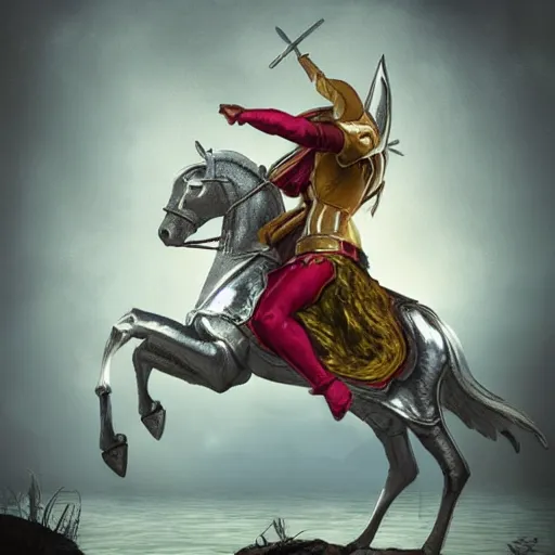 Prompt: silver knight in shining armor with ruby gems and a gold sword on a horse in a foggy lake under moonlight