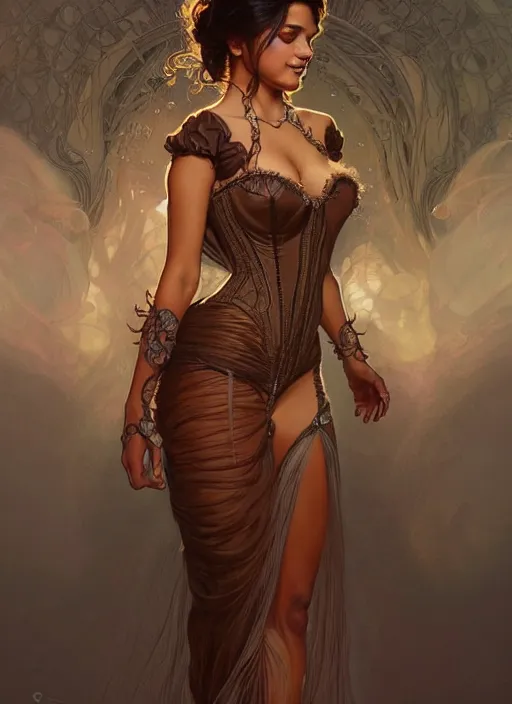 Image similar to cute brown woman wearing a transparent corset dress, fantasy, intricate, highly detailed, digital painting, artstation, concept art, wallpaper, smooth, sharp focus, illustration, art by artgerm and greg rutkowski and alphonse mucha