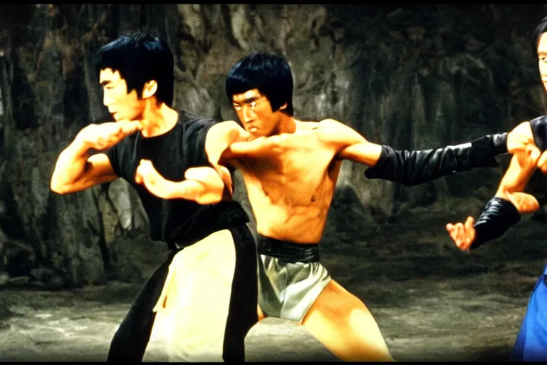 Image similar to bruce lee vs jet li, mortal kombat fight scene, high definition