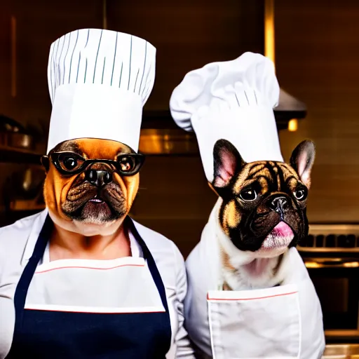 Prompt: a 8k highly detailed still photo by David Bailey of Two multi-colored French Bulldogs in chef hats and aprons starring on a cooking show, a high end restaurant kitchen in the background, bokeh