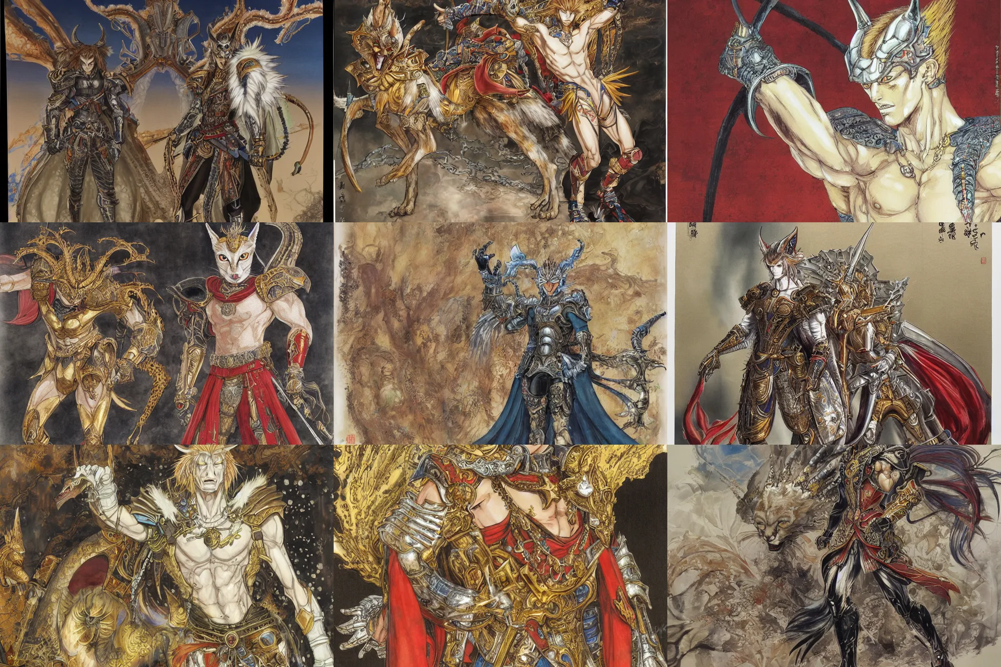 Image similar to 8k Yoshitaka Amano painting of upper body of a young cool looking slim caracal beast-man with white mane at a royal palace. He is wearing complex fantasy armors. Renaissance style.