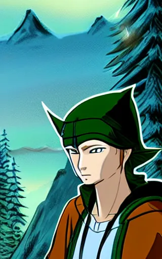 Image similar to an wood elf boy getting ready for an high fantasy adventure on the mountain side, anime style, tarot card, Tarot card the fool
