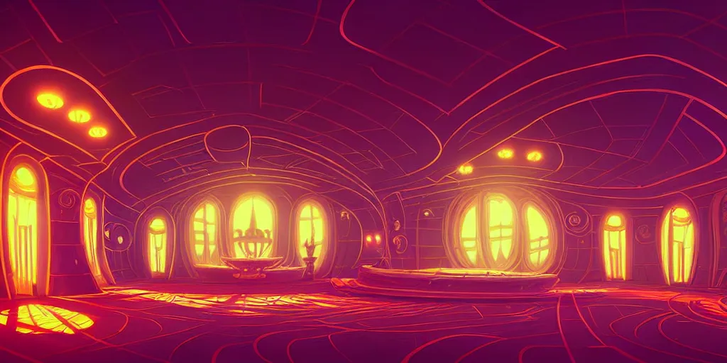 Image similar to curled perspective digital art of curly indoor curly casino with a stage pale colors by anton fadeev from nightmare before christmas