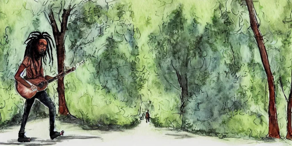 Prompt: side shot of a man with dreadlocks walking while playing the guitar with trees in the background, in watercolor style, animation, concept art