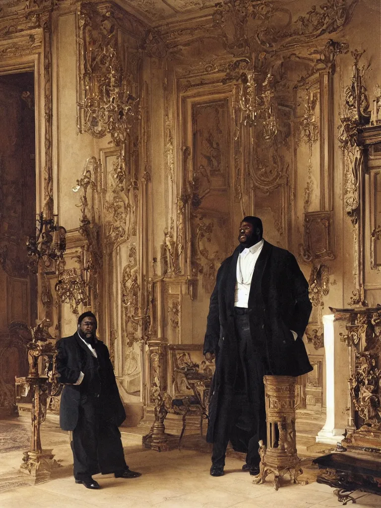 Image similar to one large black man wearing an overcoat and knee-length black boots stands in the living room of a beautiful ornate baroque English mansion, nobody else is present, adebanji alade, lawrence alma-tadema, george goodwin kilburne