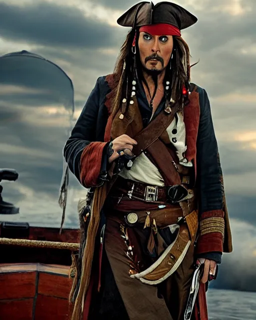 Image similar to David Tennant in the role of captain jack sparrow, film still, amazing short, 8K, IMAX, ultra detailed