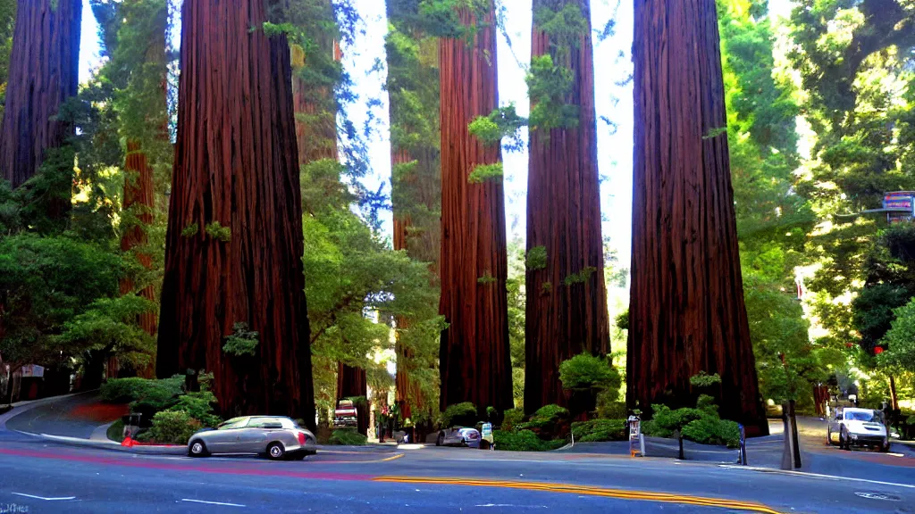 Prompt: San Francisco intertwined with Redwoods; by Klaus Bürgle and Imperial Boy;