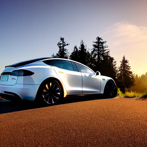 Prompt: a Tesla in Oregon at sunset