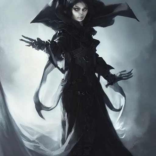 Image similar to a spooky female shadowy elf in dark robes, short curly black hair bangs, dnd character art portrait, by ruan jia