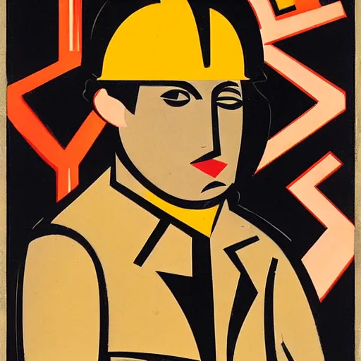 Image similar to a poster of a young man wearing a helmet. by ismael nery, wyndham lewis. behance, international typographic style, soviet propaganda, american propaganda, fauvism