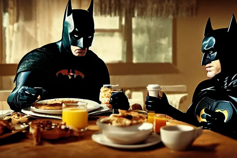 Image similar to portrait of Batman eating breakfast By Emmanuel Lubezki