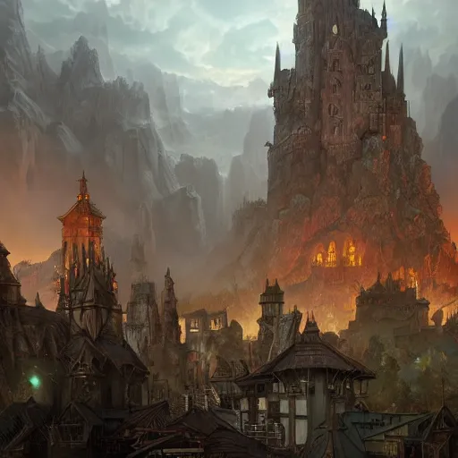 Prompt: a grim dark fantasy town seen from afar, dnd encounter, dark fantasy, extremely detailed, no people, photorealistic, octane render, 8 k, unreal engine 5. art by artgerm and greg rutkowski and alphonse mucha