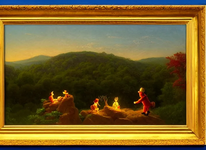 Image similar to american realist romanticism landscape painting of winnie the pooh characters at night, night time, colorful paper lanterns, in the style of hudson river school and thomas cole and albert bierstadt and robert duncanson