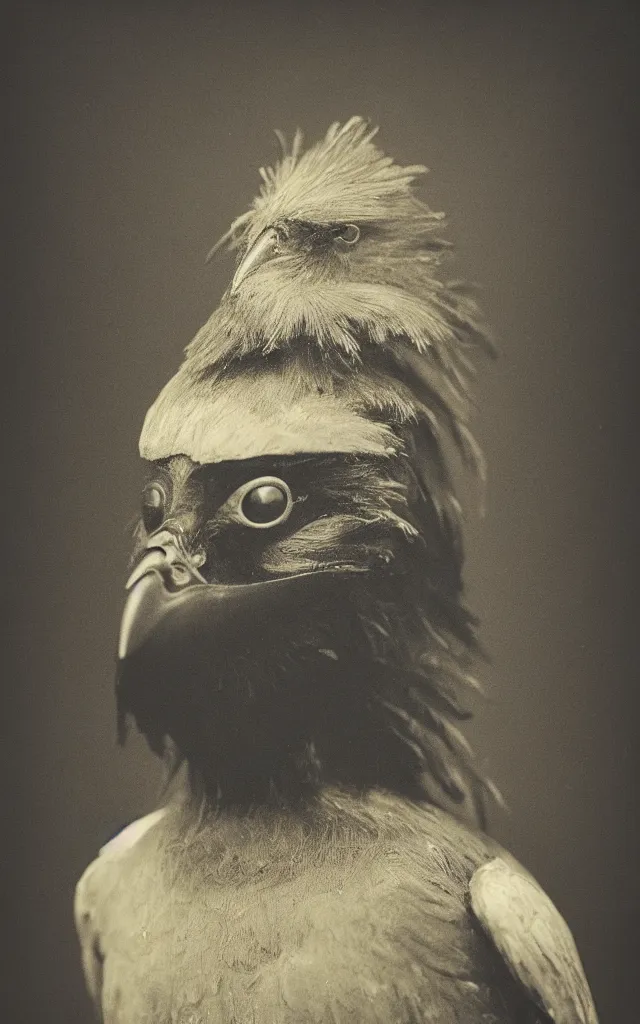 Image similar to portrait of a humanoid crow wearing a man face as mask, daguerreotype, studio lighting, hyperrealistic, ultra detailed