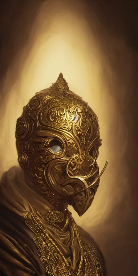 Image similar to black decadent hood, gold intricately detailed ornate metal mask, ornate background, portrait, realism, cinematic lighting, specular lighting, 8 k, artstation, octane render, peter mohrbacher, alfonso mucha, zdzisław beksinski