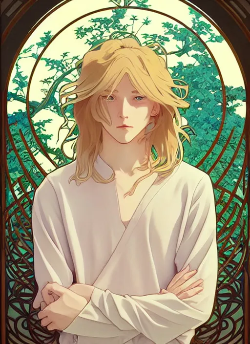 Image similar to pretty young man with shoulder length blond hair, male, half body shot, path traced, highly detailed, high quality, digital painting, by studio ghibli and alphonse mucha, leesha hannigan, hidari, art nouveau, chiho aoshima, posuka demizu