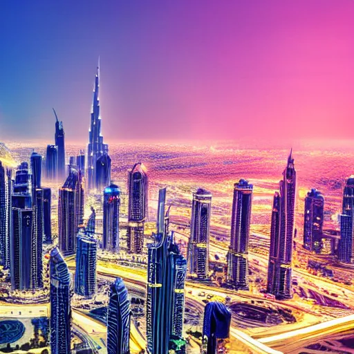 Prompt: Dubai city skyline, futuristic look, sunset, sun rays, cinematic view from helicopter, brightly lit buildings, flying pink drones, digital art.