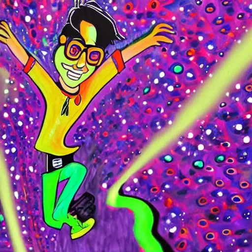 Prompt: high detailed painting of the adult version Otto Rocket dancing at a psychedelic rave