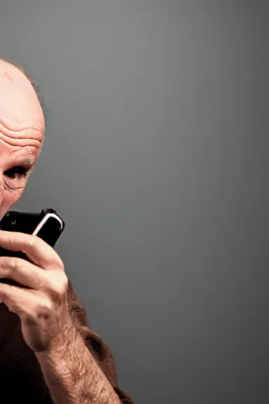 Image similar to an old man taking a selfie of his balding head with the flash on