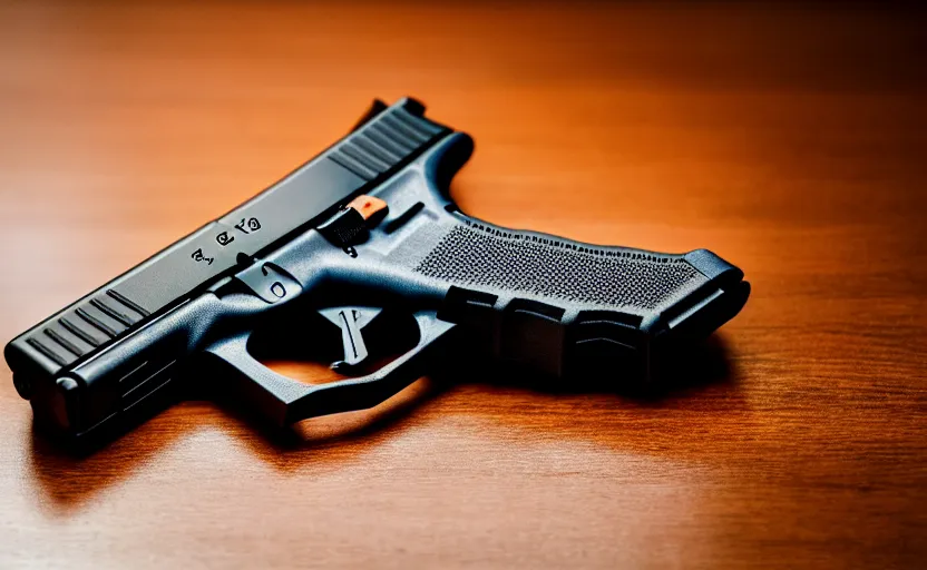 Prompt: photograph of a Glock 18, on a table, shot by Quentin Tarantino, one point perspective, 1-point perspective, sigma 85mm f/1.4, 4k, depth of field, high resolution, 4k, 8k, hd, full color
