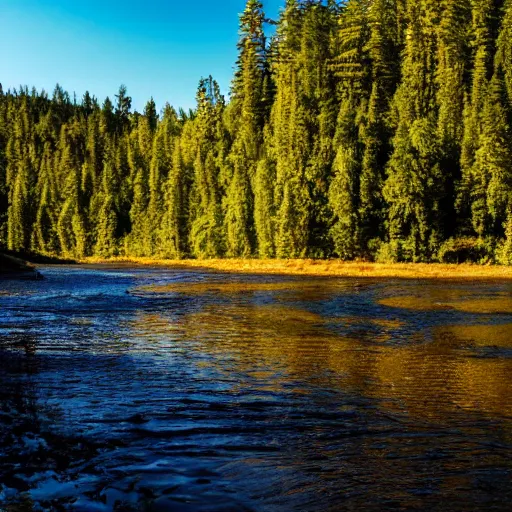 Image similar to A very long river flowing into a lake of pure gold, hidden in the middle of a dense forest of tall trees, with lots of light clouds in the bright blue sky, in the late afternoon.