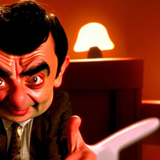 Image similar to mr. bean in tenacious d. movie still. cinematic lighting.