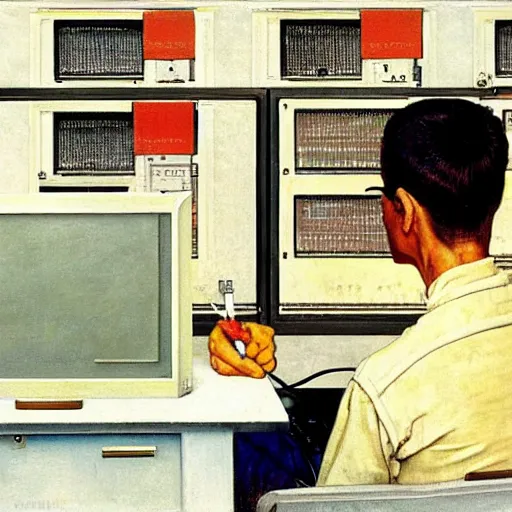 Prompt: painting of a person working on a computer, painting by Norman Rockwell