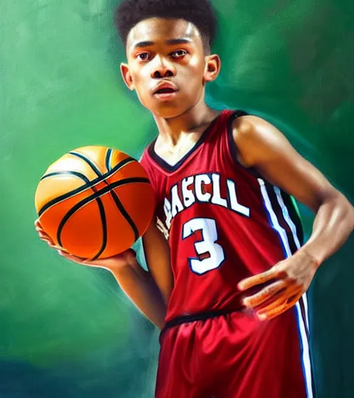 Prompt: portrait of a boy at a basketball court playing basketball wearing a basketball uniform in a basketball court standing near the basketball hoop, painted in 1999, intense emotion, detailed facial expression, detailed surroundings, intricate, elegant, highly detailed, centered, digital painting, artstation, concept art, smooth, sharp focus, illustration, by (Peter Mohrbacher), WLOP