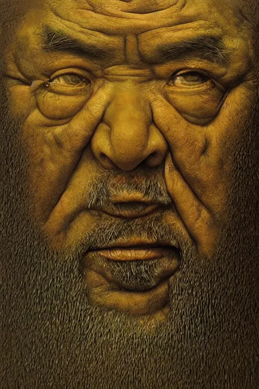 Image similar to ascii art, hyperrealism oil painting, portrait scary ai weiwei style zdzislaw beksinski