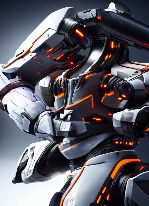 Image similar to a Photorealistic dramatic hyperrealistic full frame render of a Sleek futuristic exosuit Freedom Formula Racing Mech,Ultra realistic details,glossy white metal,Orange racing stripes,weathered surfaces,by Hidetaka Tenjin,Yoh Yoshinori,Yoji Shinkawa,Masamune Shirow,Beautiful dramatic dark moody tones and lighting,cinematic atmosphere,studio lighting,shadows,dark background, Octane render,8K