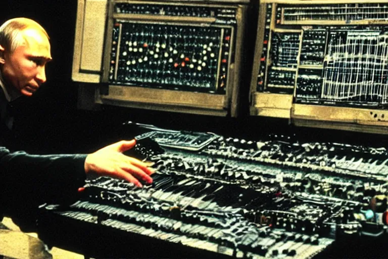 Prompt: film still of Vladimur Putin making music on a modular analog russian synth, from the movie The Matrix, promotional picture
