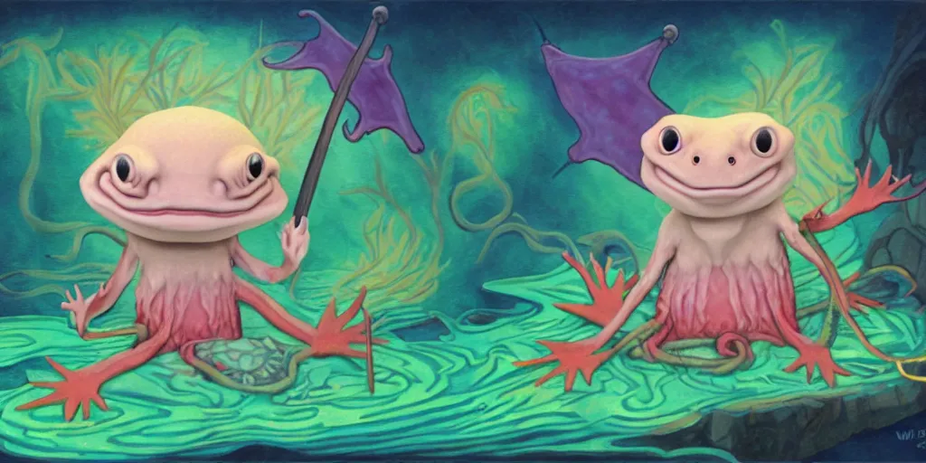 Image similar to an axolotl wizard. walt disney painting. extreme detail.