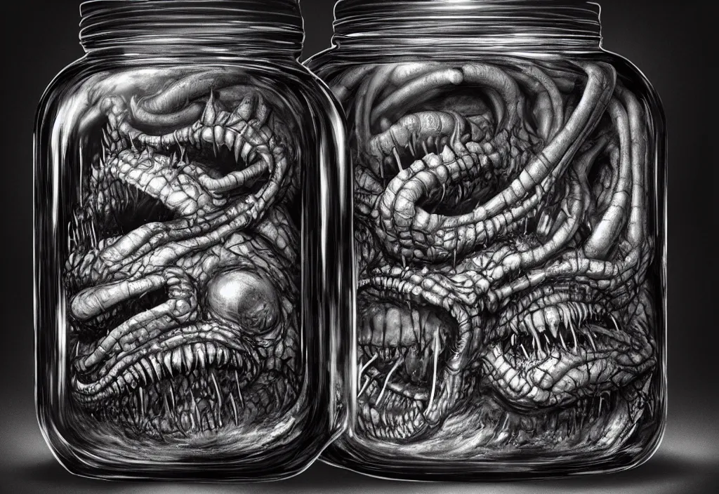 Image similar to Photorealistic miniature monster inside a jar on clean background by H.R. Giger, KDA and Sam Yang, trending on artstation