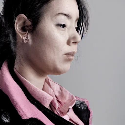 Image similar to female, beautiful, portrait, photograph, looking at viewer, silver pink black jacket,