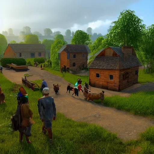 Prompt: A busy village with working peasants, Realistic, HDR, Clear Image, HDD, Dynamic lighting,