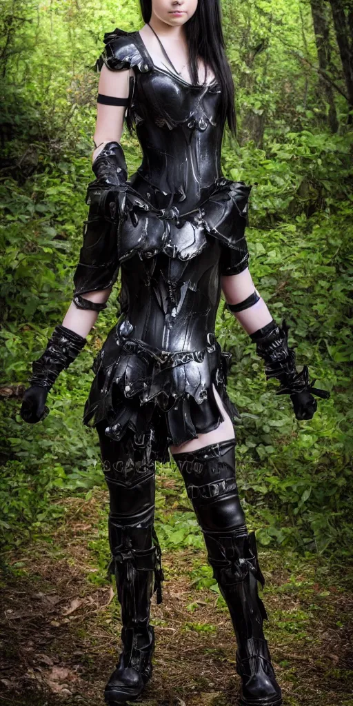 Prompt: preteen female cosplay necromant wearing a black armor and black boots, she is standing in a forest, full body shot, very detailed, 4k