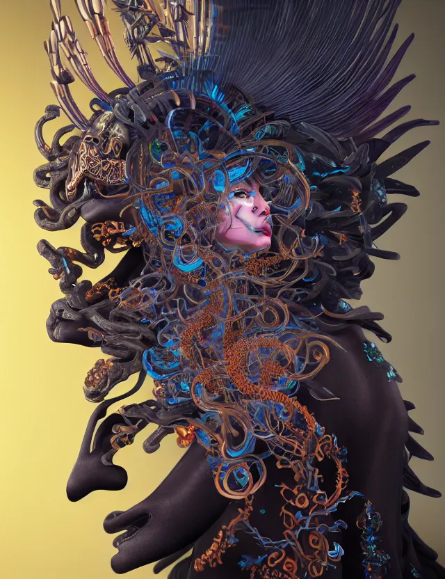 Image similar to 3 d goddess of hell close - up profile portrait with ram skull. beautiful intricately detailed japanese crow kitsune mask and clasical japanese kimono. betta fish, jellyfish phoenix, bio luminescent, plasma, ice, water, wind, creature, artwork by tooth wu and wlop and beeple and greg rutkowski