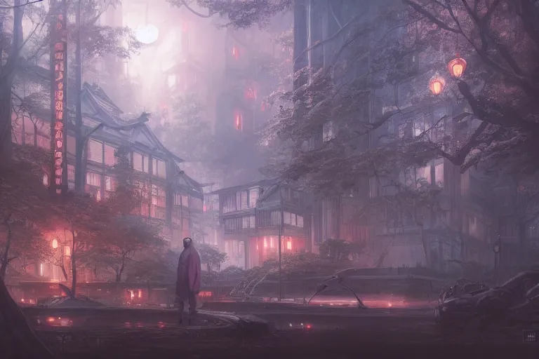 Image similar to hidden feudal japanese city, metropolis, magical, dramatic lighting, painted by tom bagshaw, James Jean and Wayne Barlowe and moebius, high details , cinematic, denoised, octane render, lush forest, cgsociety, artstation trending 8k