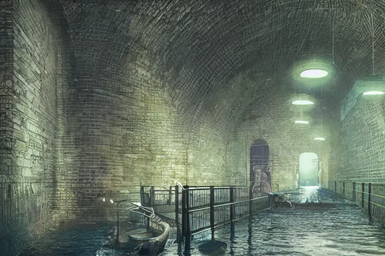 Prompt: Aymeric Kevin concept art of wet underground sewer tunnels with gym equipment, water flowing through the sewer, railing along the canal, brick walls, arches, detailed architecture, brass pipes on the walls, a slight green glow emanates from the water, artificial warm lighting, a variety of vivid materials