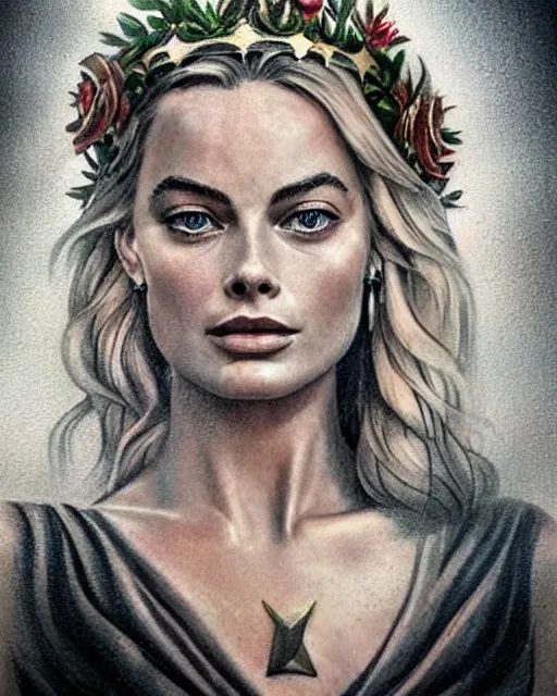 Image similar to realism tattoo sketch of margot robbie as a beautiful greek goddess aphrodite with piercing eyes wearing a laurel wreath and triangle earrings, in the style of greg rutkowski, amazing detail