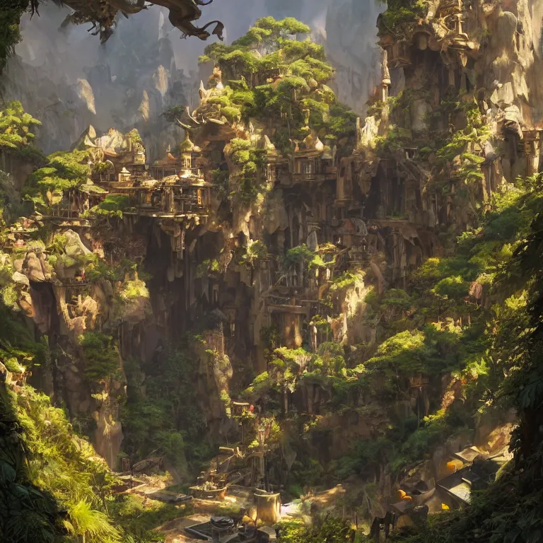 Prompt: secret overwatch headquarters carved inside a mountain surrounding a lush garden, trimmed, magical, natural light, fantasy, architecture, sharp focus, concept art, by greg rutkowski and craig mullins, atmospheric, octane render