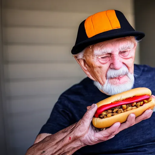 Image similar to portrait of an elderly man wearing a hotdog hat, 🌭, canon eos r 3, f / 1. 4, iso 2 0 0, 1 / 1 6 0 s, 8 k, raw, unedited, symmetrical balance, wide angle