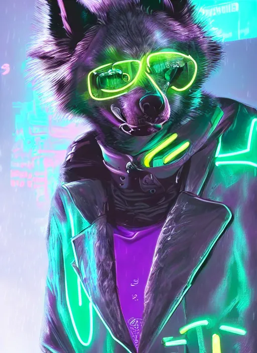 Prompt: digital artwork of anthromorphic hyena female, fursona, furry fandom, neon rainy cyberpunk setting, anthro, wearing cyberpunk 2 0 7 7 jacket, detailed face,