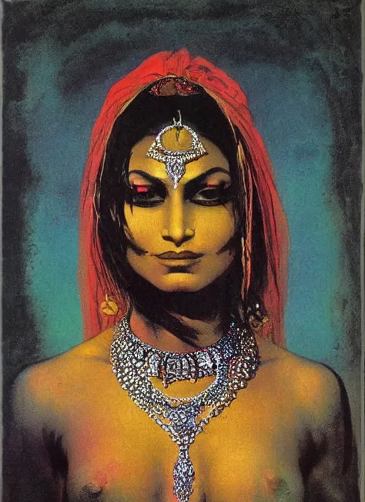 Image similar to portrait of muscular indian vampiress, jeweled veil, strong line, saturated color, beautiful! coherent! by frank frazetta, high contrast, minimalism