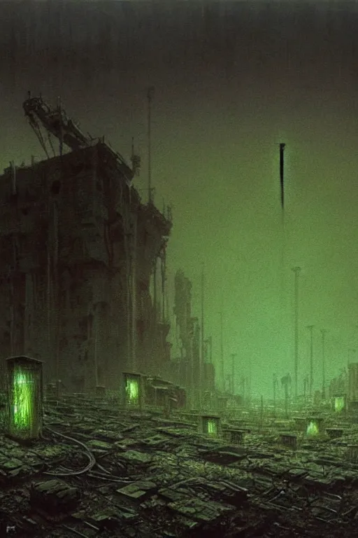 Prompt: glowing green crystals irradiating infested city, wasteland, survival post - apocalyptic, ruined tanks, beksinski