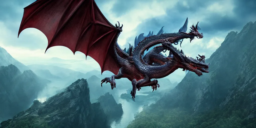 Image similar to One dragon with half open wings on the top of a mountain, epic composition, detailed and intricate image, cinematic, 4K