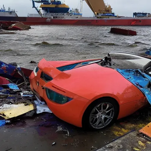 Prompt: professional high quality wide - angle image of a colorful sports car from the year 2 0 7 7 that is badly damaged and crashed halfway into the water at a stevedoring port. ( 2 0 7 7 kodachrome panavision ). the weather is sunny but with a small rain cloud. imax 7 0 mm, wide - angle.