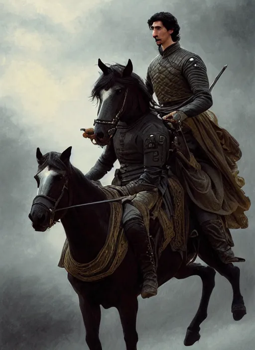 Image similar to painting of stoic king adam driver riding on horse together with his best friend john oliver, full body, military uniform, fantasy, intricate, elegant, beautiful, highly detailed, charcoal, centered, dark, smokey, digital painting, artstation, concept art, smooth, sharp focus, illustration, art by artgerm and greg rutkowski and alphonse mucha