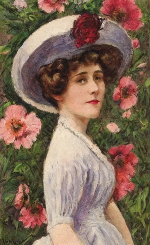 Prompt: portrait! of a lovely lady! wearing a big hat! edwardian haircut! 1 9 0 0 s! edwardian dress! flowers behind her!