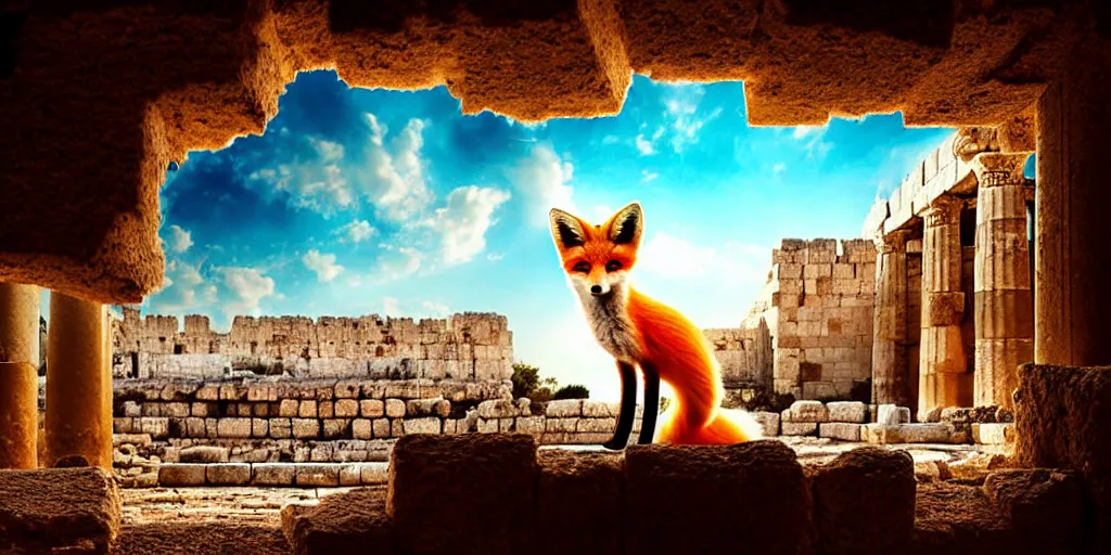 Image similar to a beautiful small fox in the huge ruins of the second temple in jerusalem, dreamy sky, the third temple hovers quietly hiding in the sky above, very colorful painting 8 k trending on art station, intricate superb details, digital art, very very very realistic, cinematic lighting, volumetric lighting, photographic, blur bokeh defocus dof sky by afremov.